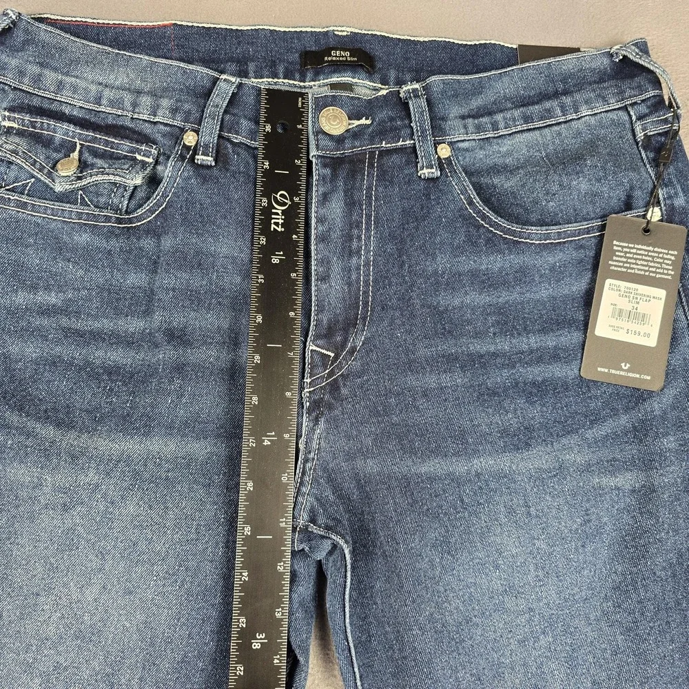 True Religion Geno SN Flap Jeans Mens 34x31 Blue Relaxed Slim Dark Stretch Denim